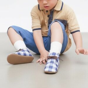 NEW Mon Petit Leather Blue White Checkered Shoes Size 8 Real Leather